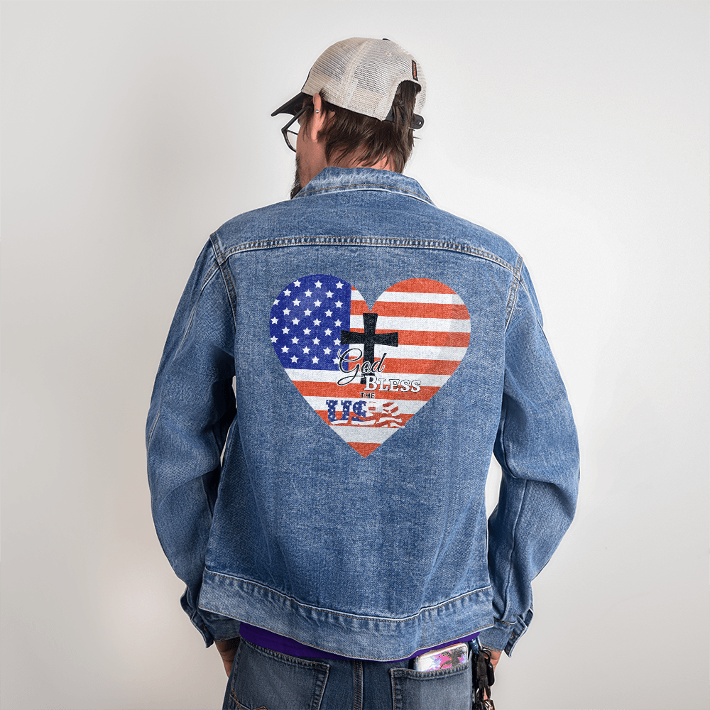 God Bless the USA Heart Men's Blue Denim Jacket