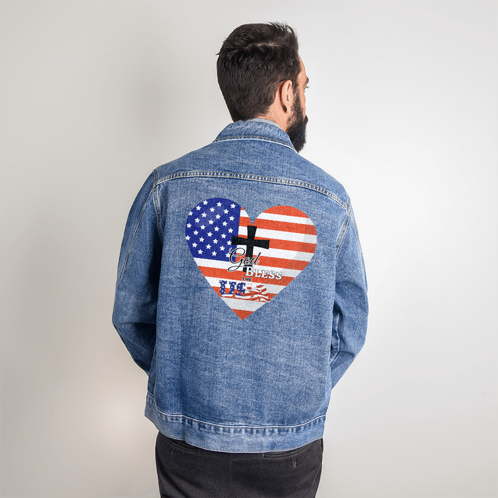 God Bless the USA Heart Men's Blue Denim Jacket