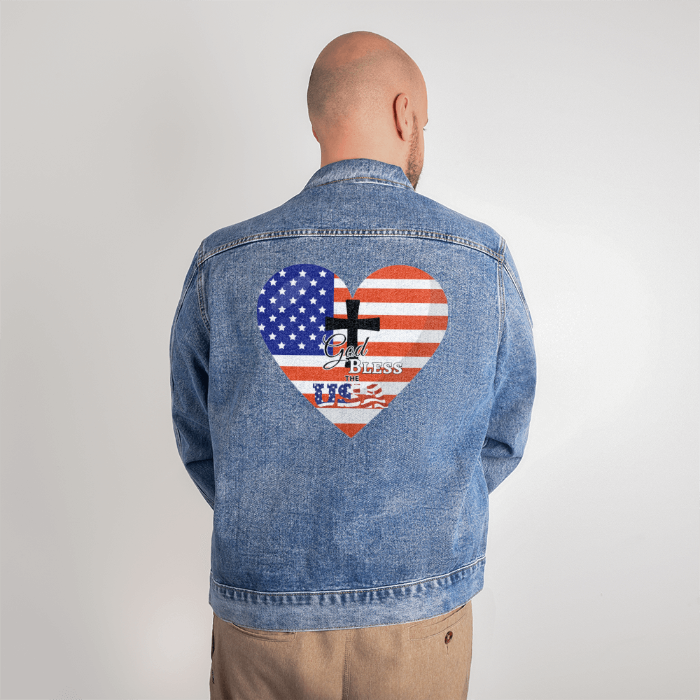 God Bless the USA Heart Men's Blue Denim Jacket