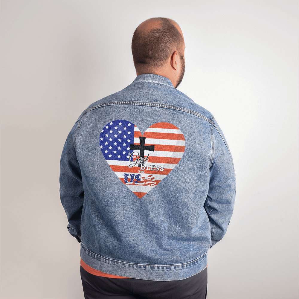 God Bless the USA Heart Men's Blue Denim Jacket