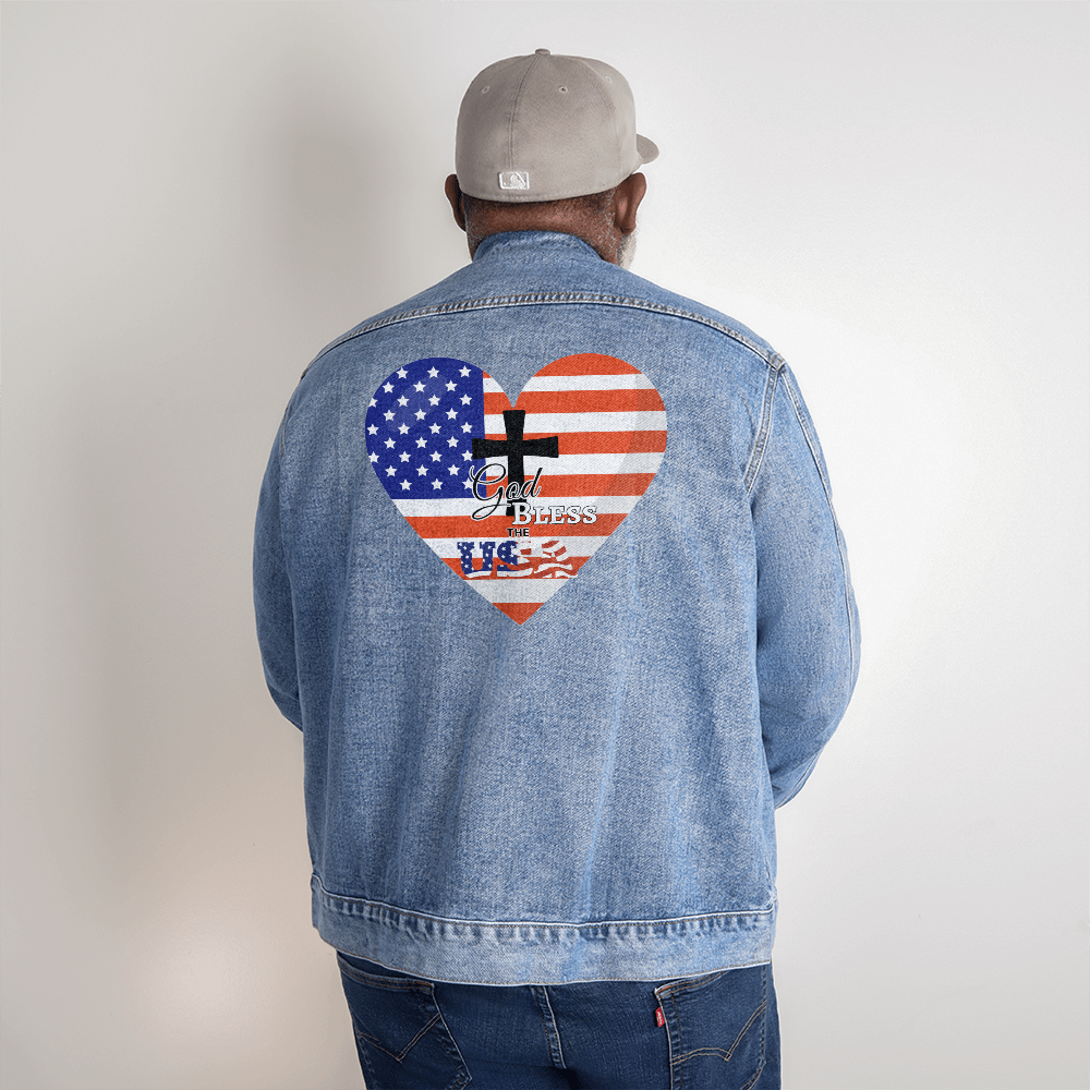 God Bless the USA Heart Men's Blue Denim Jacket