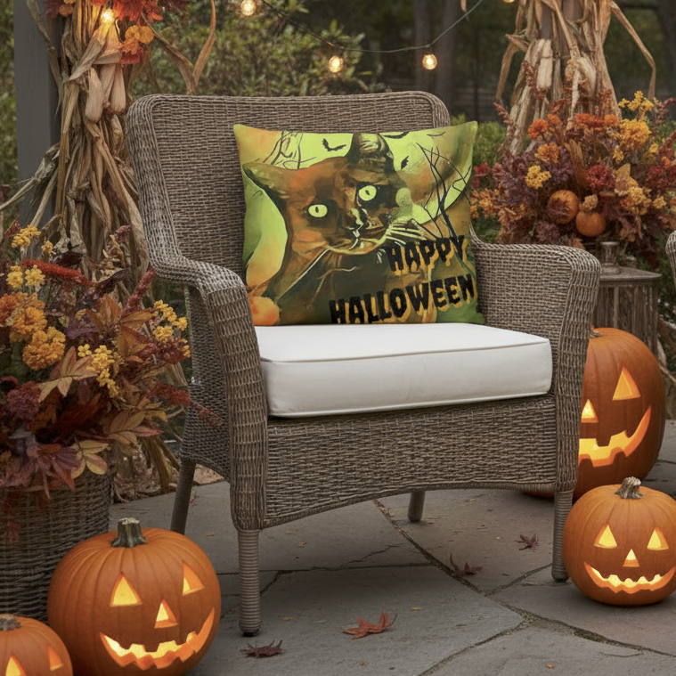 Happy Halloween Black Cat Indoor/Outdoor Fully Stuffed Pillow