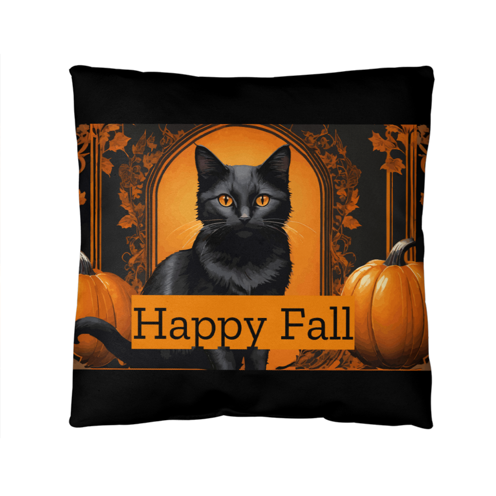 Happy Fall Orange Pumpkins Black Cat Indoor/Outdoor Fully Stuffed Pillow