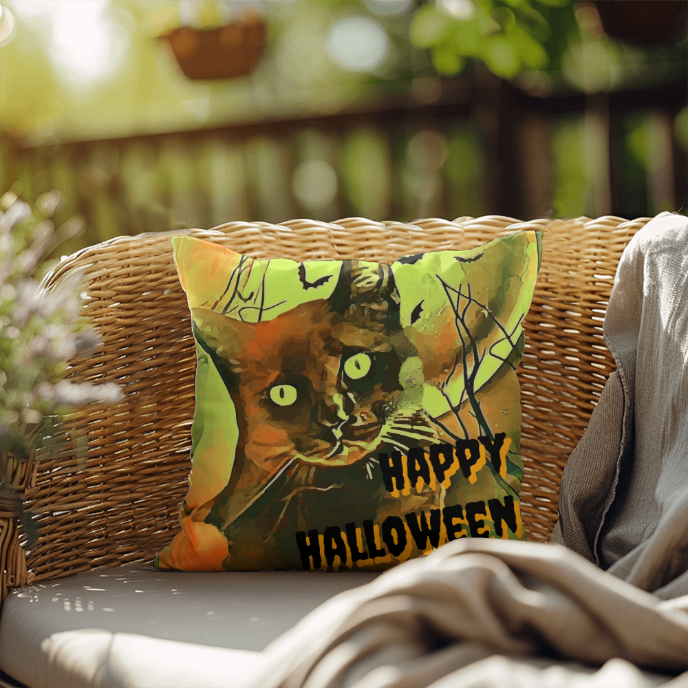 Happy Halloween Black Cat Indoor/Outdoor Fully Stuffed Pillow