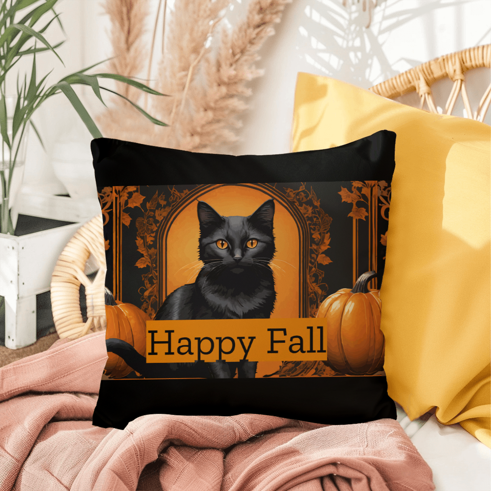 Happy Fall Orange Pumpkins Black Cat Indoor/Outdoor Fully Stuffed Pillow