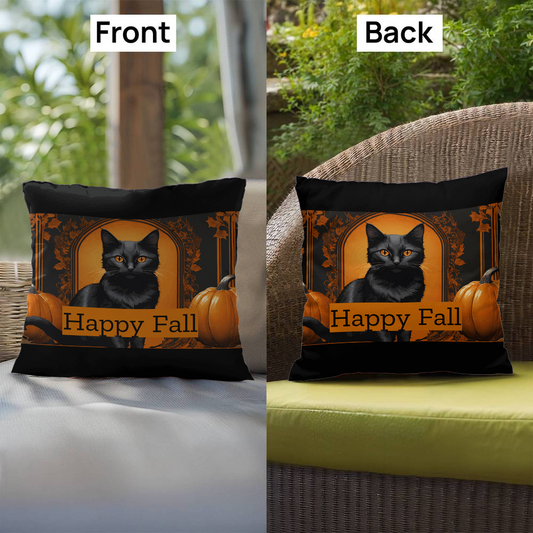 Happy Fall Orange Pumpkins Black Cat Indoor/Outdoor Fully Stuffed Pillow