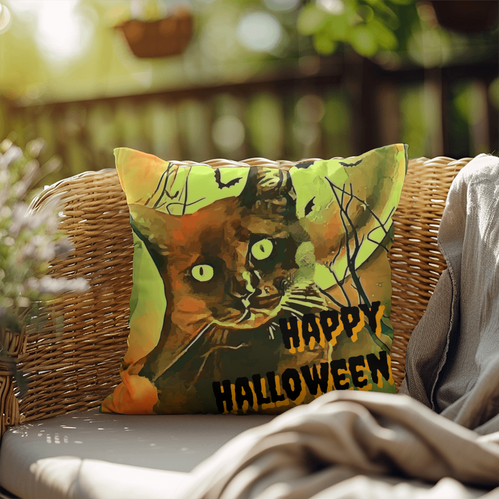 Happy Halloween Black Cat Indoor/Outdoor Fully Stuffed Pillow
