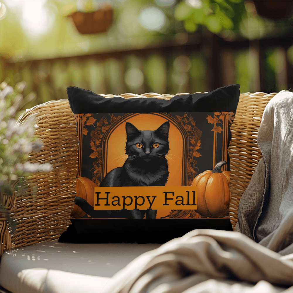 Happy Fall Orange Pumpkins Black Cat Indoor/Outdoor Fully Stuffed Pillow