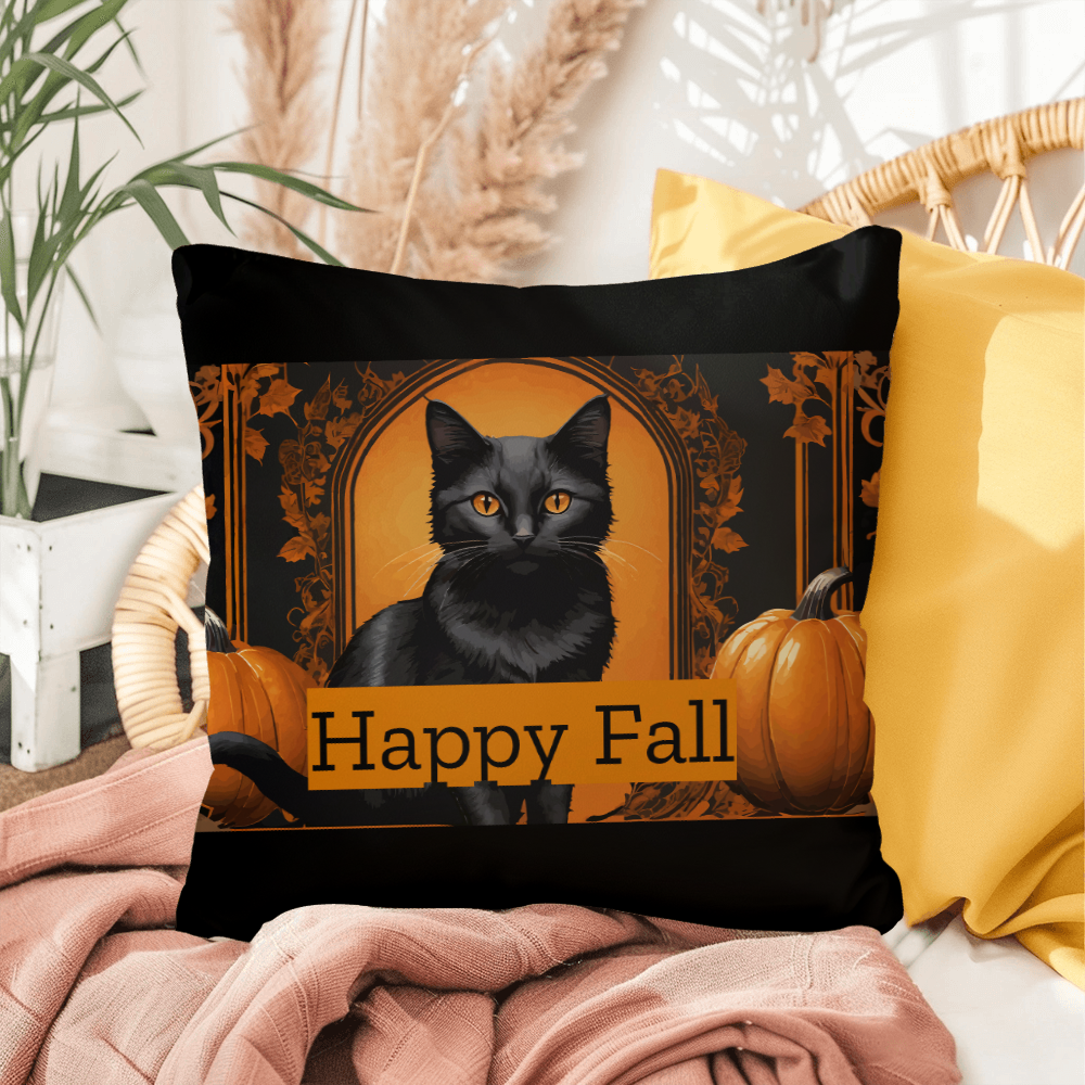 Happy Fall Orange Pumpkins Black Cat Indoor/Outdoor Fully Stuffed Pillow