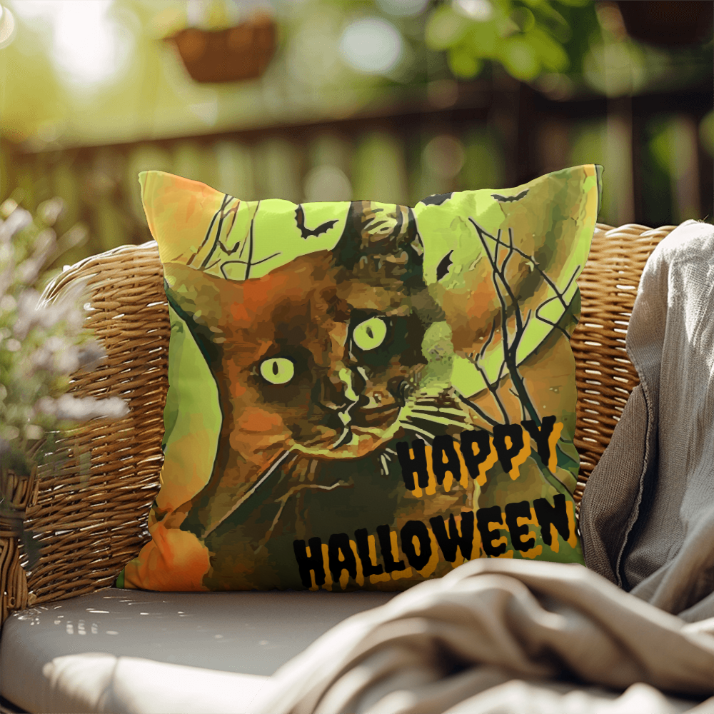 Happy Halloween Black Cat Indoor/Outdoor Fully Stuffed Pillow