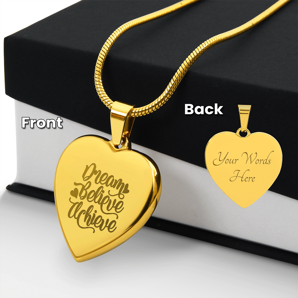 Dream Believe Achieve Motivational Engraved Heart Necklace