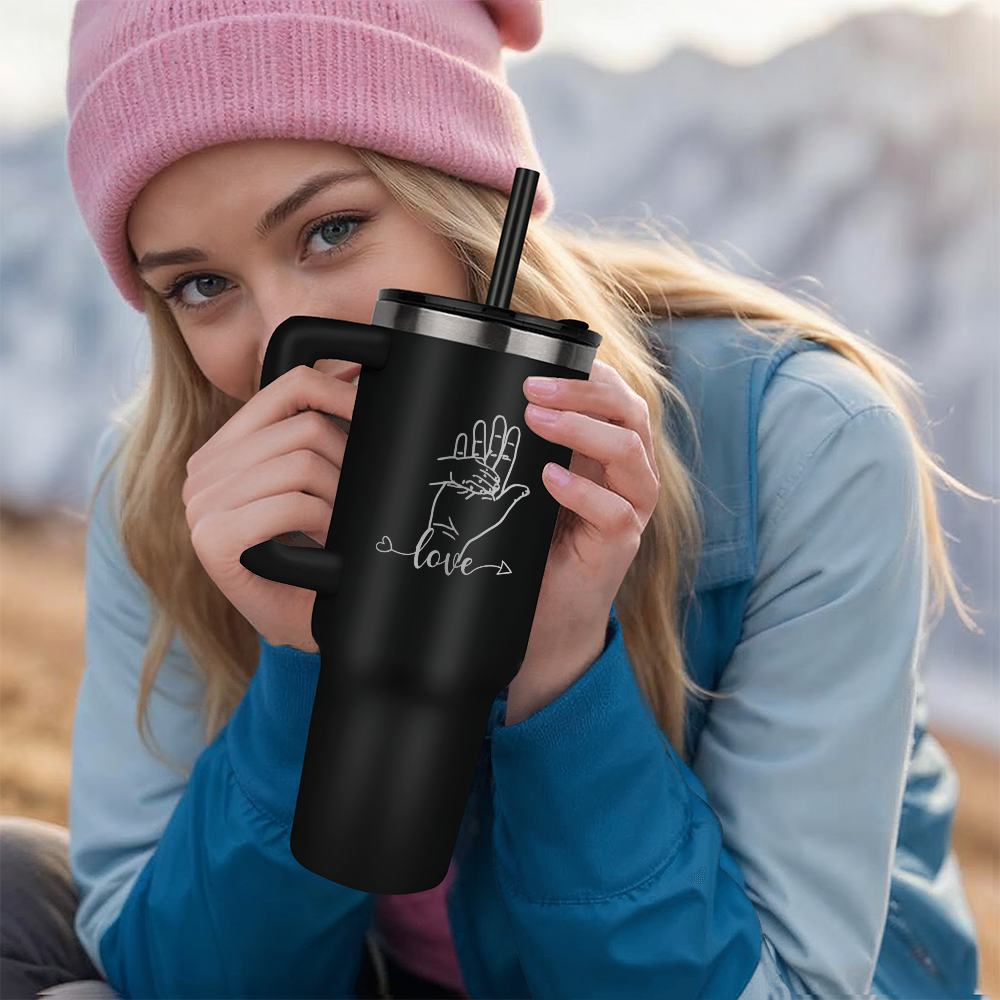 Child's Small Hand placed in Dad's Large Hand with Love Engraved Pinnacle 40oz Tumbler