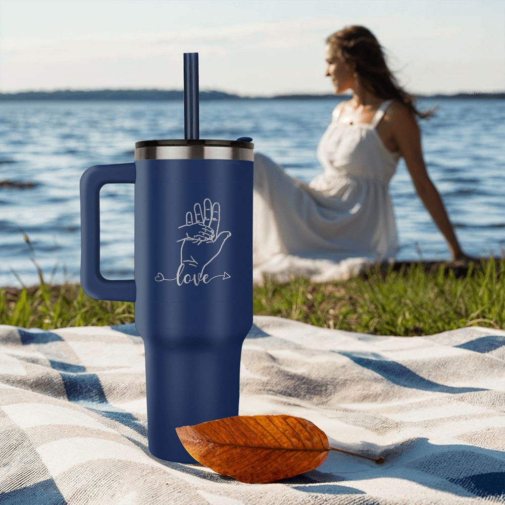 Child's Small Hand placed in Dad's Large Hand with Love Engraved Pinnacle 40oz Tumbler