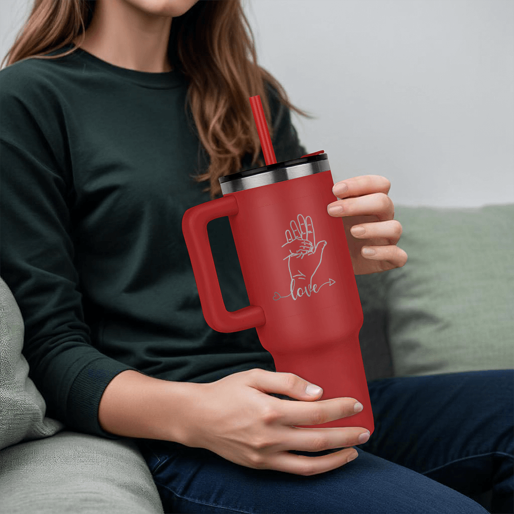 Child's Small Hand placed in Dad's Large Hand with Love Engraved Pinnacle 40oz Tumbler