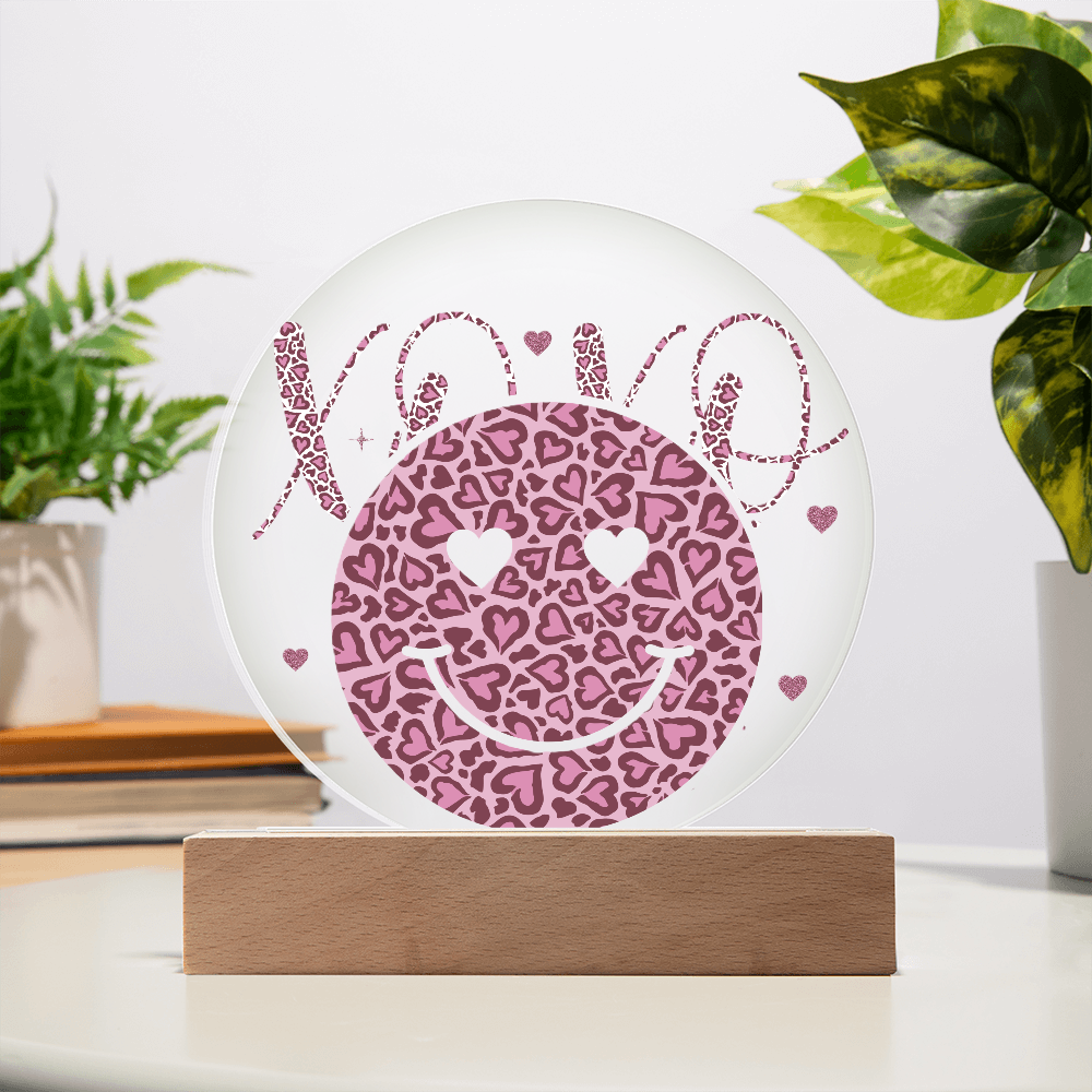 Happy Face XO's Printed Circle Acrylic Plaque with Wooden LED Base
