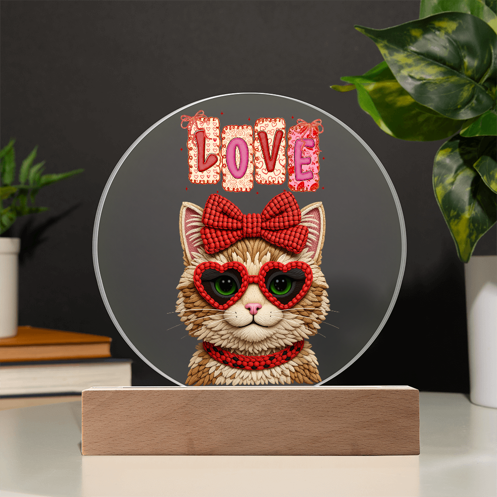 Yarn Design Love Kitten with Red Bow Printed Circle Acrylic Plaque