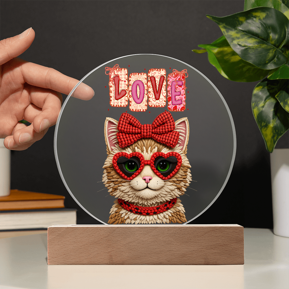 Yarn Design Love Kitten with Red Bow Printed Circle Acrylic Plaque