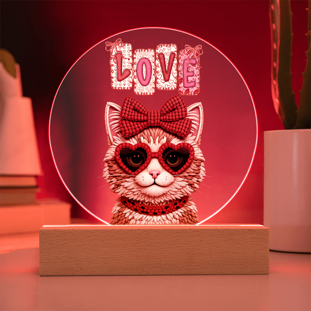 Yarn Design Love Kitten with Red Bow Printed Circle Acrylic Plaque