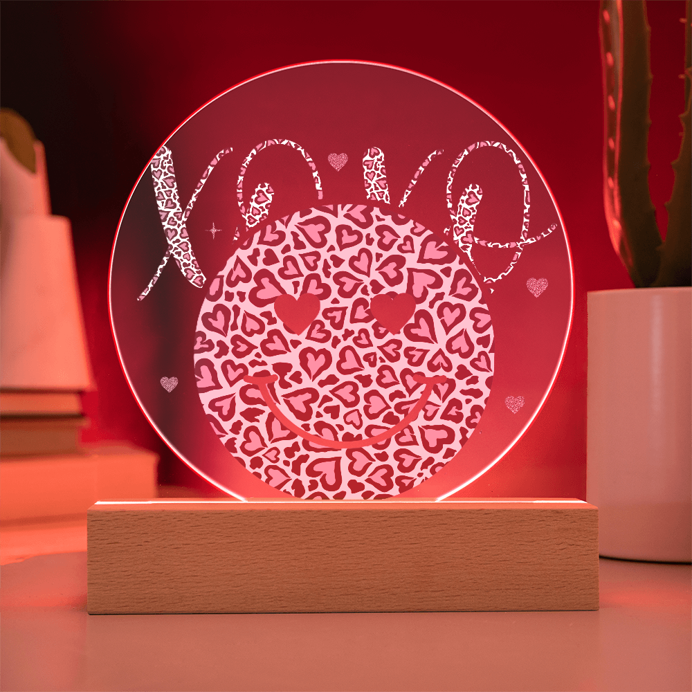 Happy Face XO's Printed Circle Acrylic Plaque with Wooden LED Base