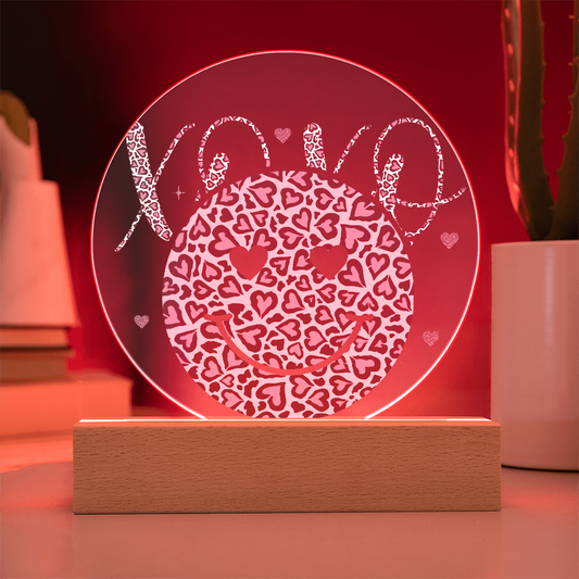 Happy Face XO's Printed Circle Acrylic Plaque with Wooden LED Base