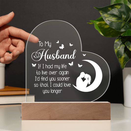 To My Husband UV Printed Design Acrylic Heart Shaped LED Light