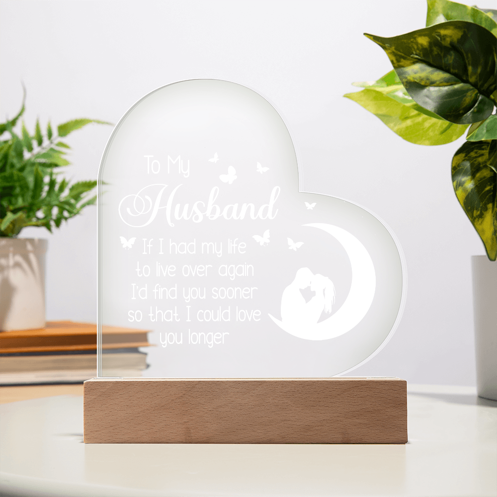 To My Husband UV Printed Design Acrylic Heart Shaped LED Light