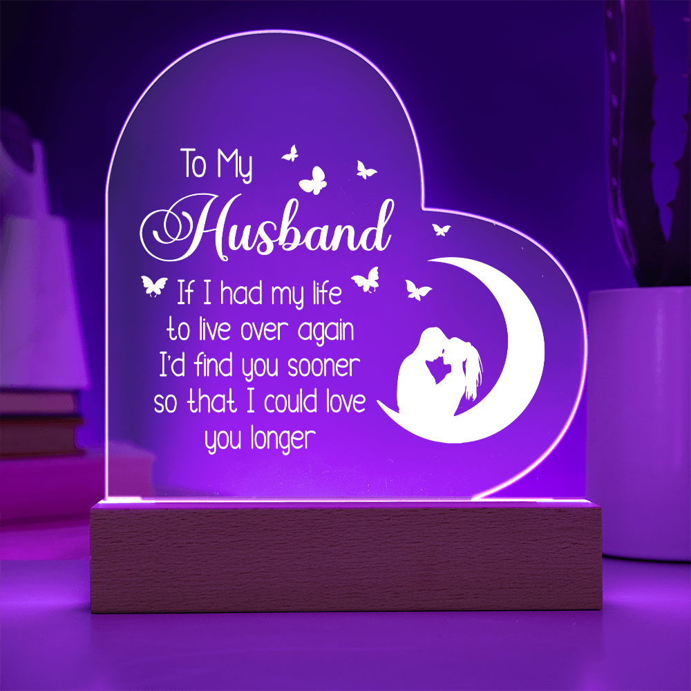 To My Husband UV Printed Design Acrylic Heart Shaped LED Light