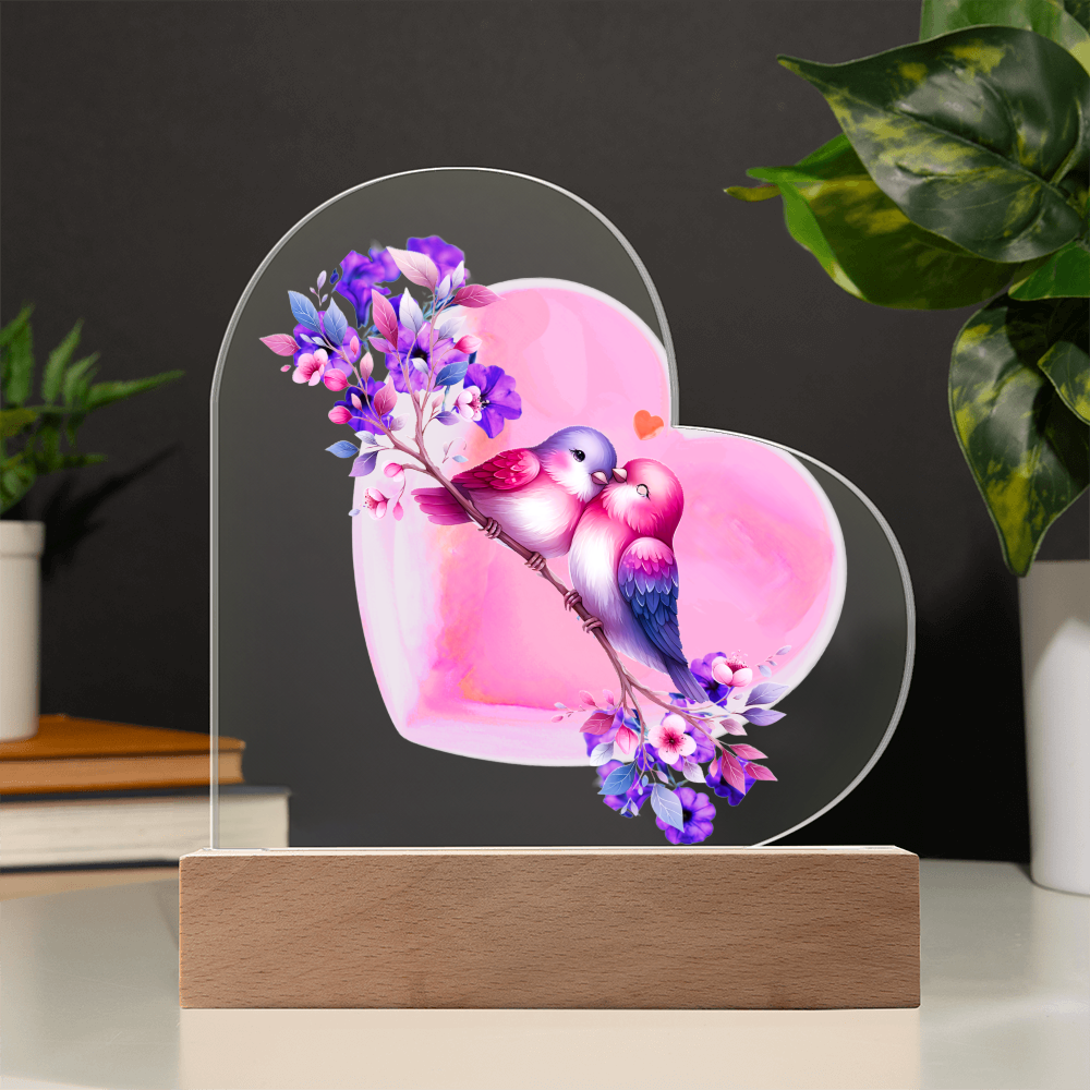 Two Love Birds on Heart-shaped Acrylic Sign with LED Light