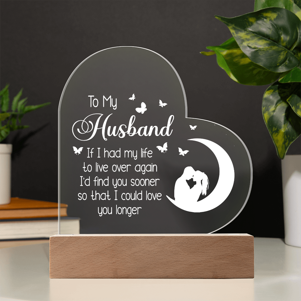 To My Husband UV Printed Design Acrylic Heart Shaped LED Light
