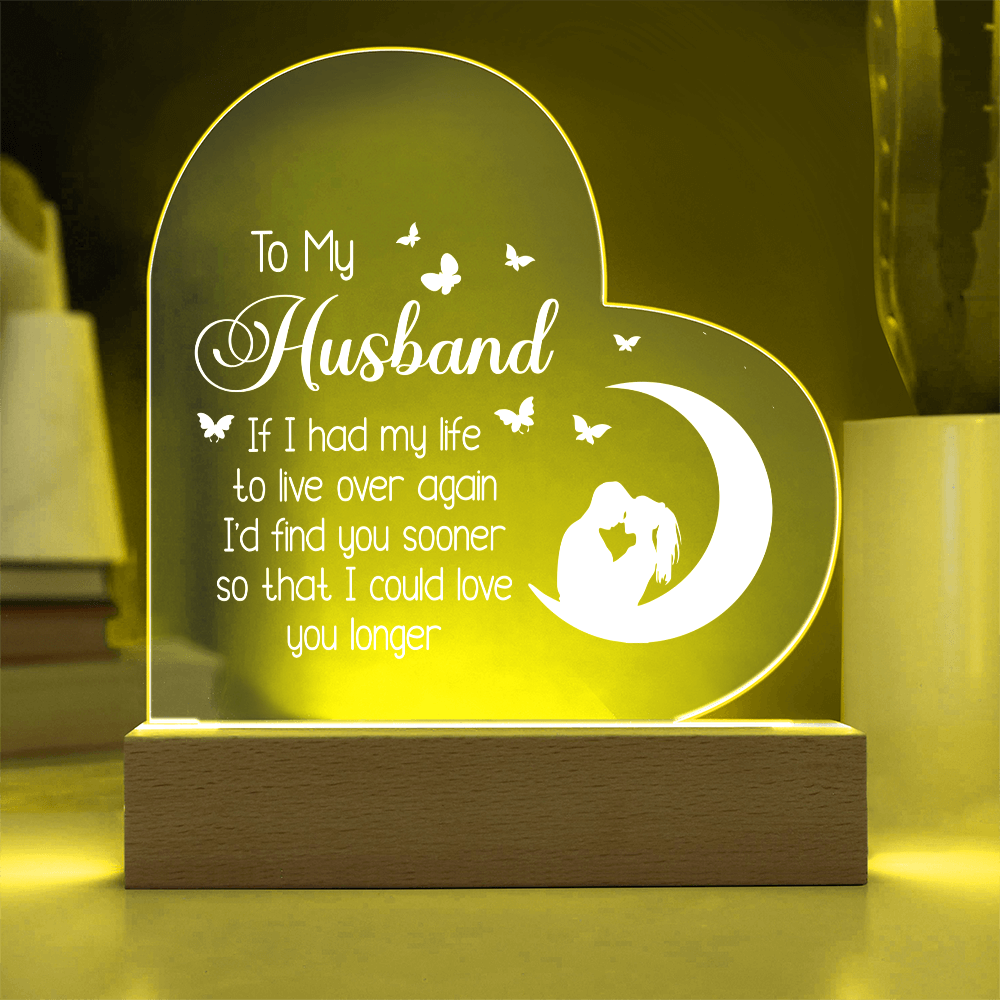 To My Husband UV Printed Design Acrylic Heart Shaped LED Light