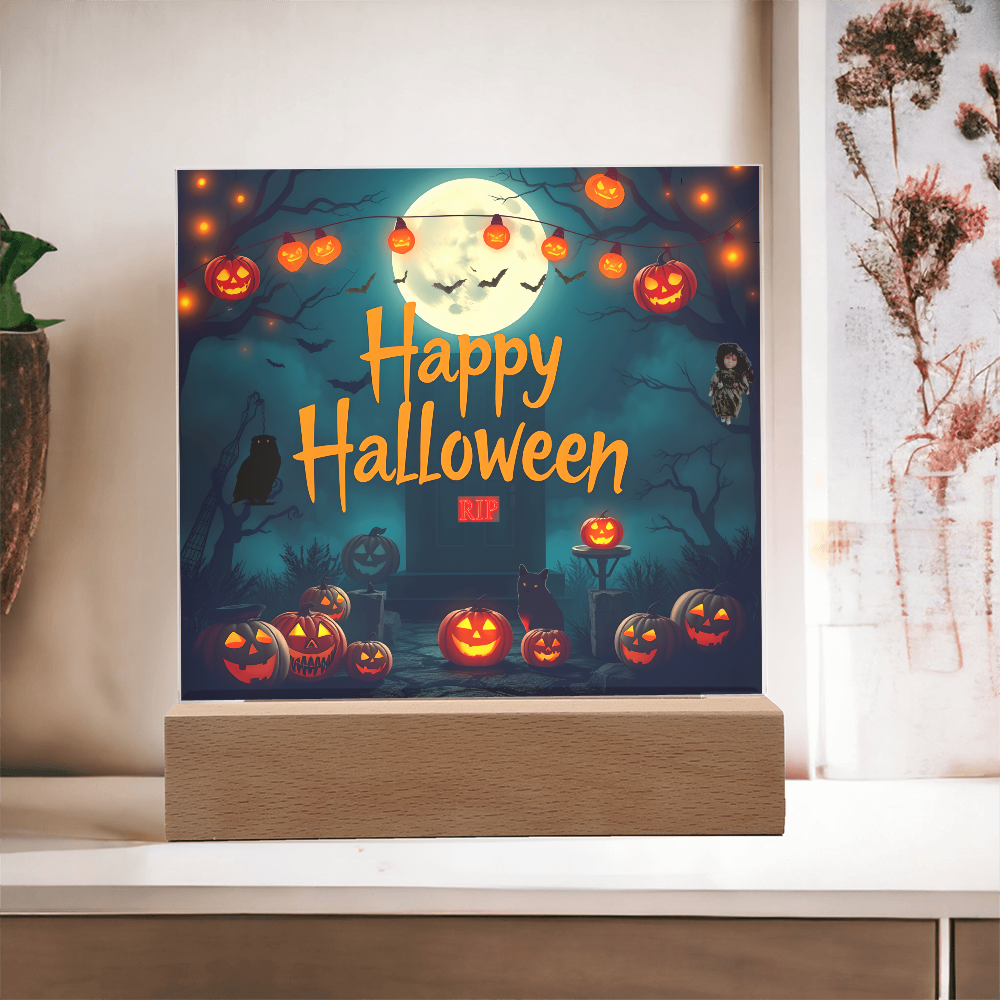 Happy Halloween Printed Square Acrylic Design with Wooden LED Base