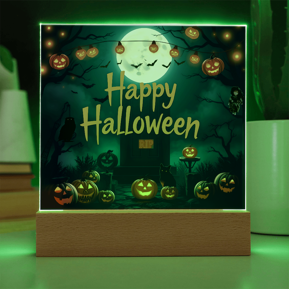 Happy Halloween Printed Square Acrylic Design with Wooden LED Base