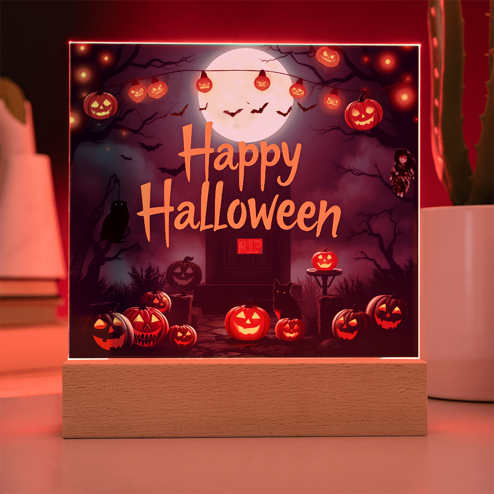 Happy Halloween Printed Square Acrylic Design with Wooden LED Base