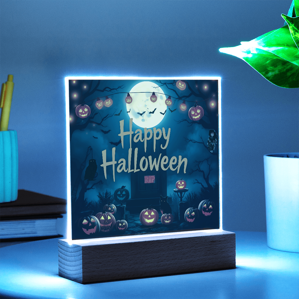 Happy Halloween Printed Square Acrylic Design with Wooden LED Base