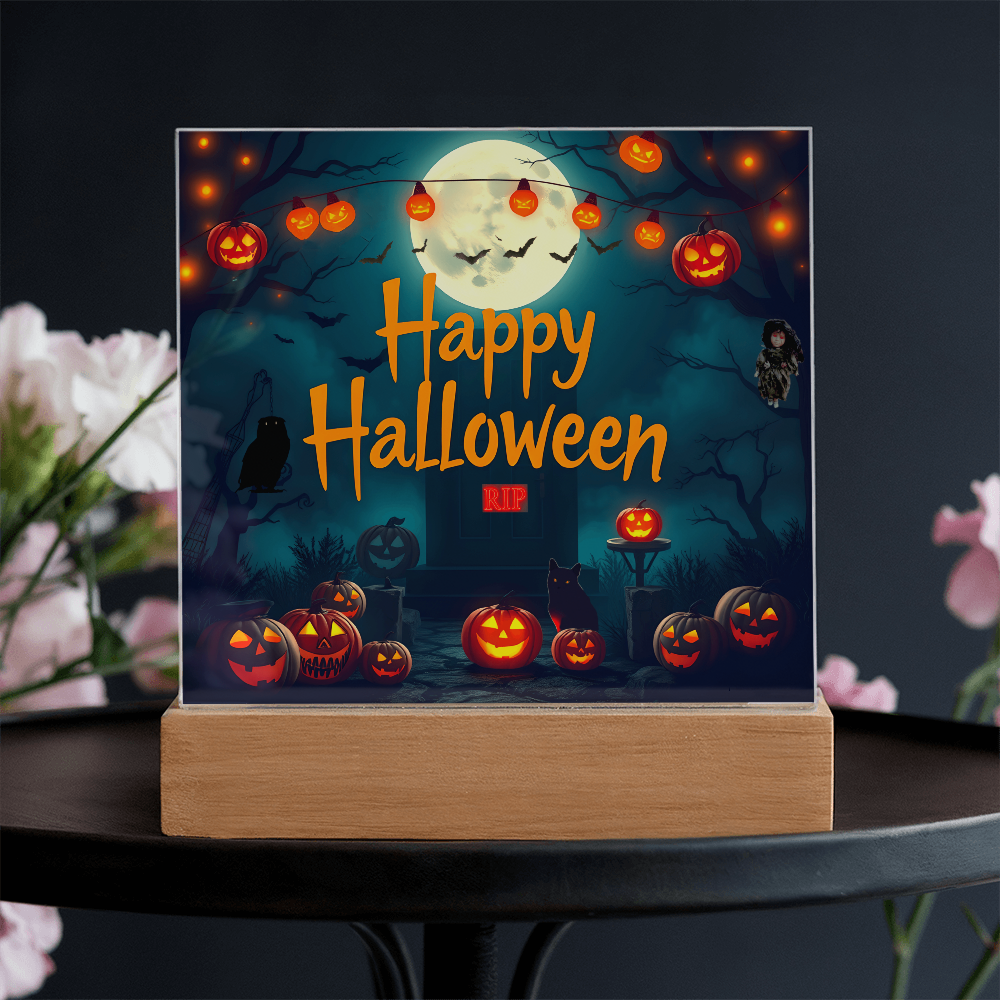 Happy Halloween Printed Square Acrylic Design with Wooden LED Base