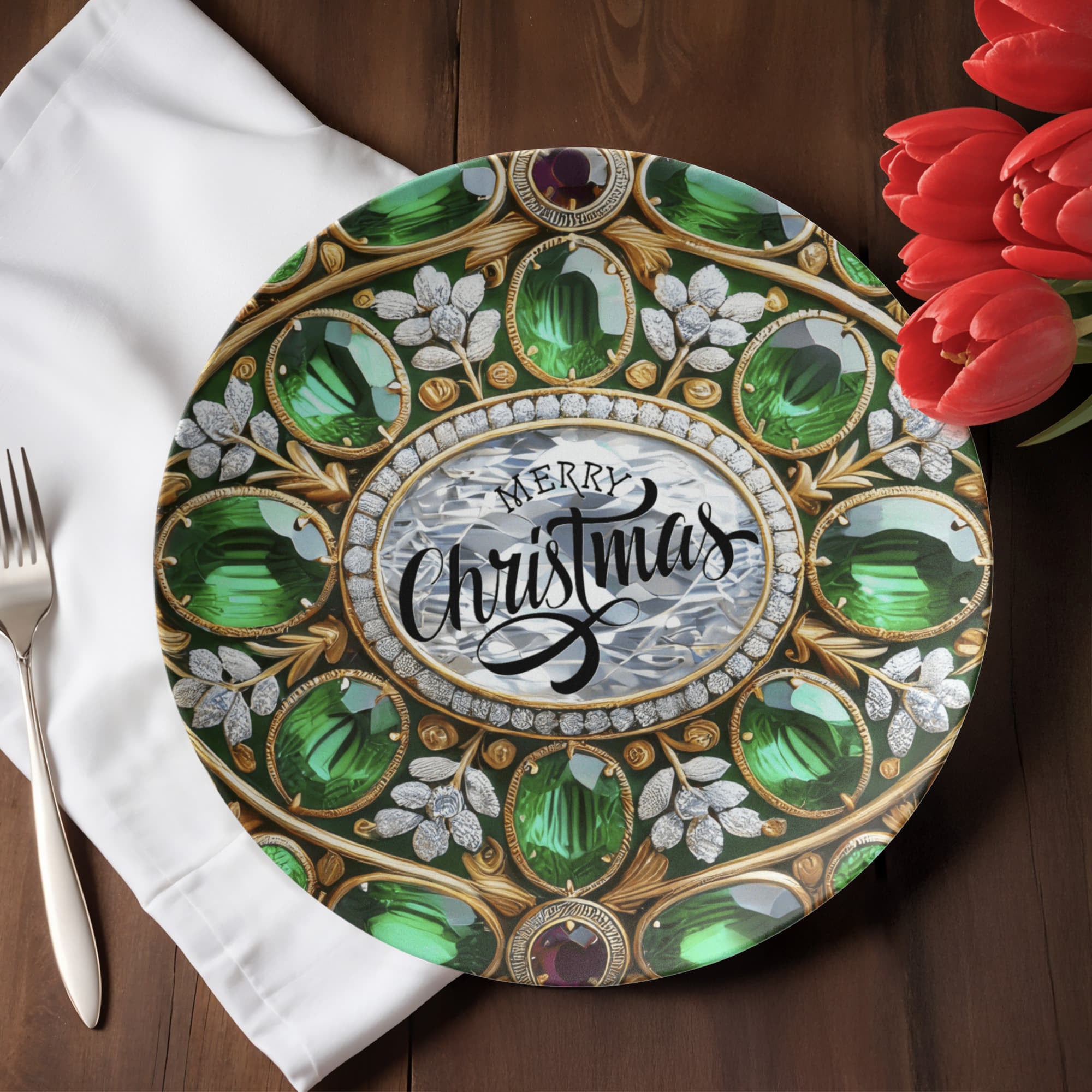 Ornate Silver Frame with Green Gemstones 10