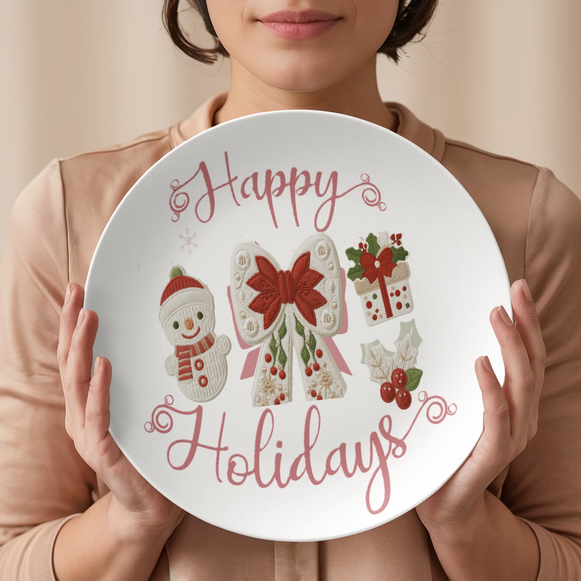 Pink Happy Holidays Faux Yarn Polymer 10