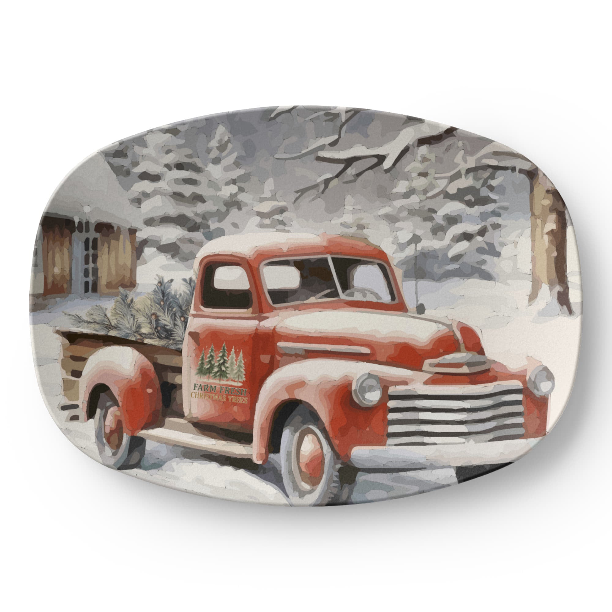 Farm Fresh Christmas Tree Vintage Truck Oval Serving Platter
