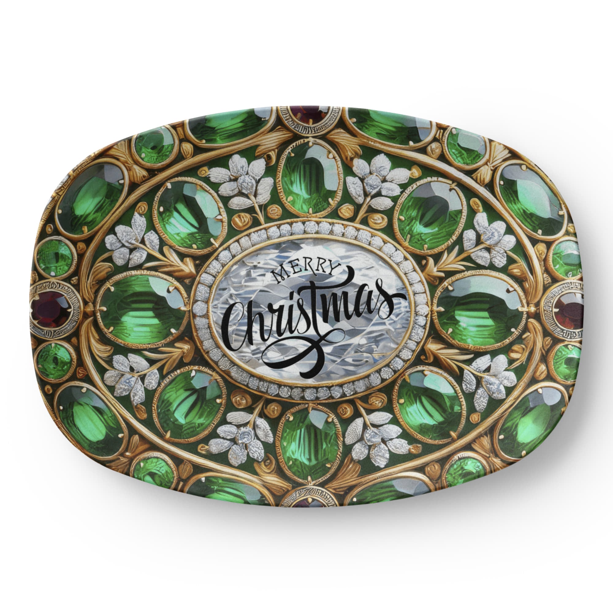 Ornate Silver Frame with Green Gemstones Oval Serving Platter