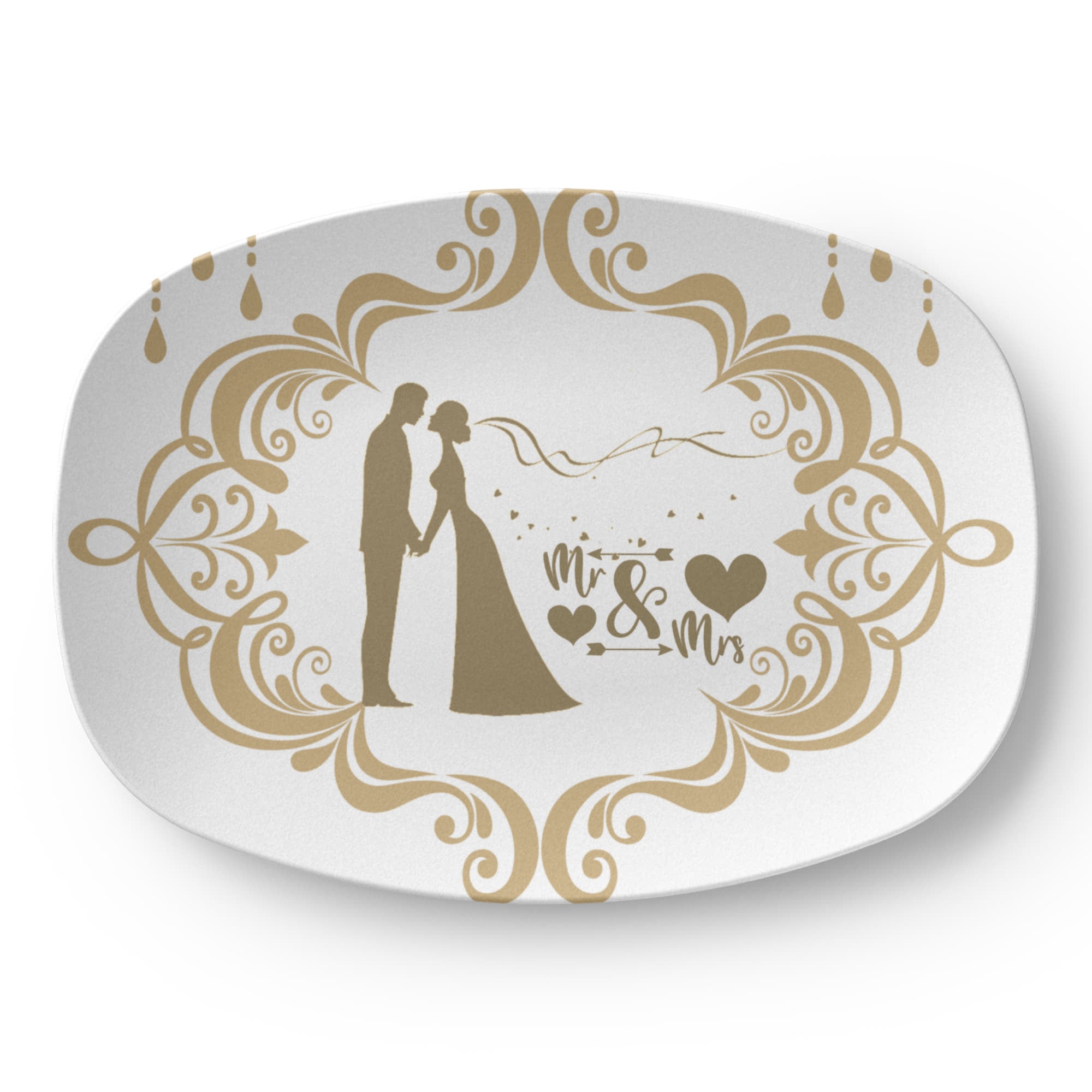 Bride and Groom Mr. & Mrs. Golden Trim 10”x14” Oval Serving Platter