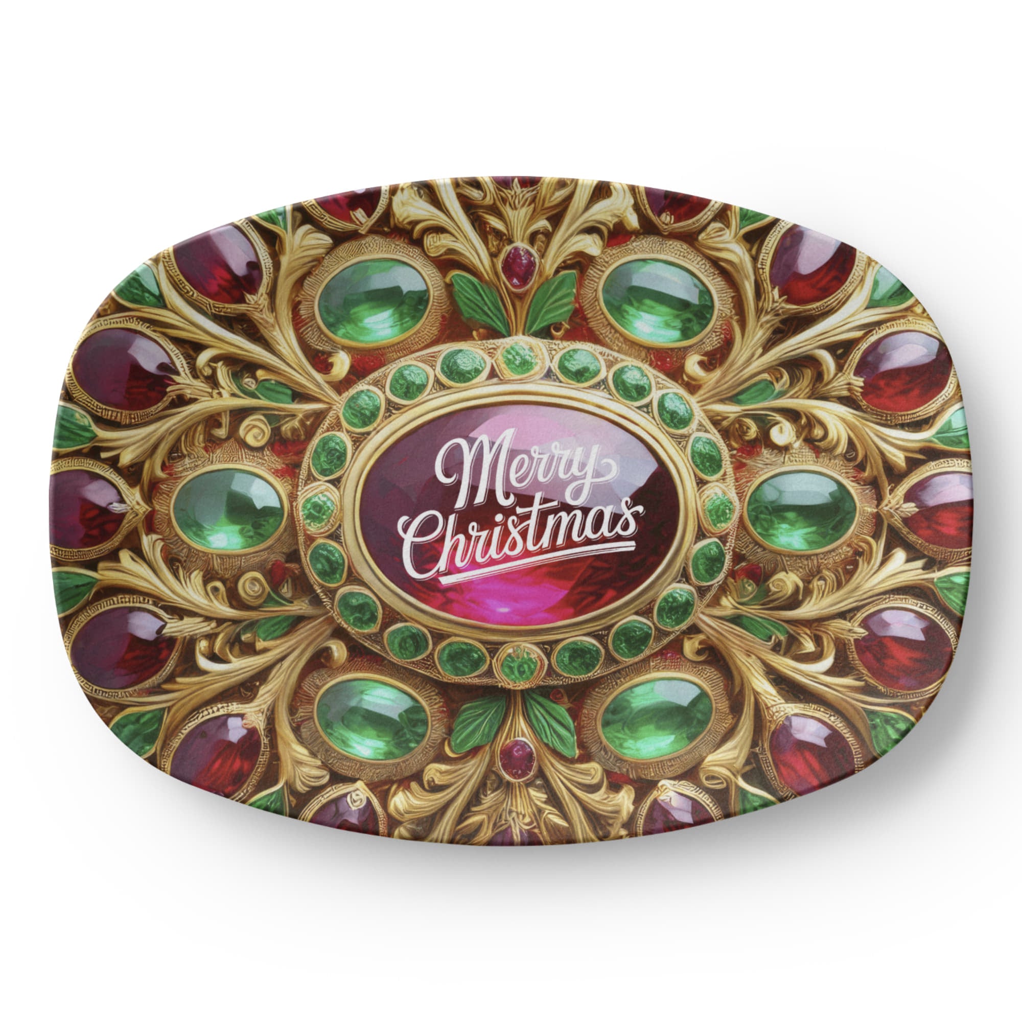 Christmas Ornate Golden Frame with Gemstones Oval Serving Platter