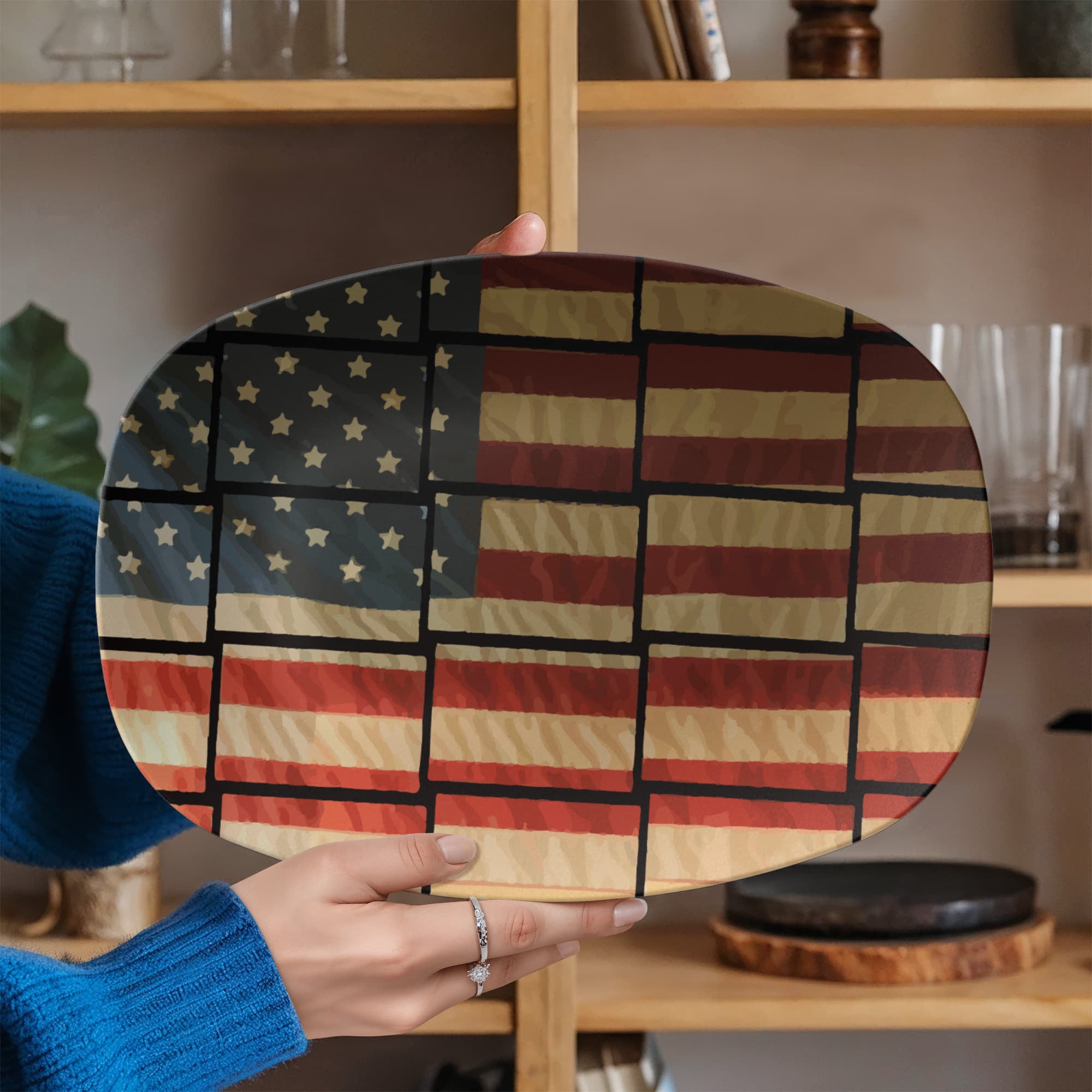 US Flag Basket Weave Pattern 10” x 14” Oval Serving Platter