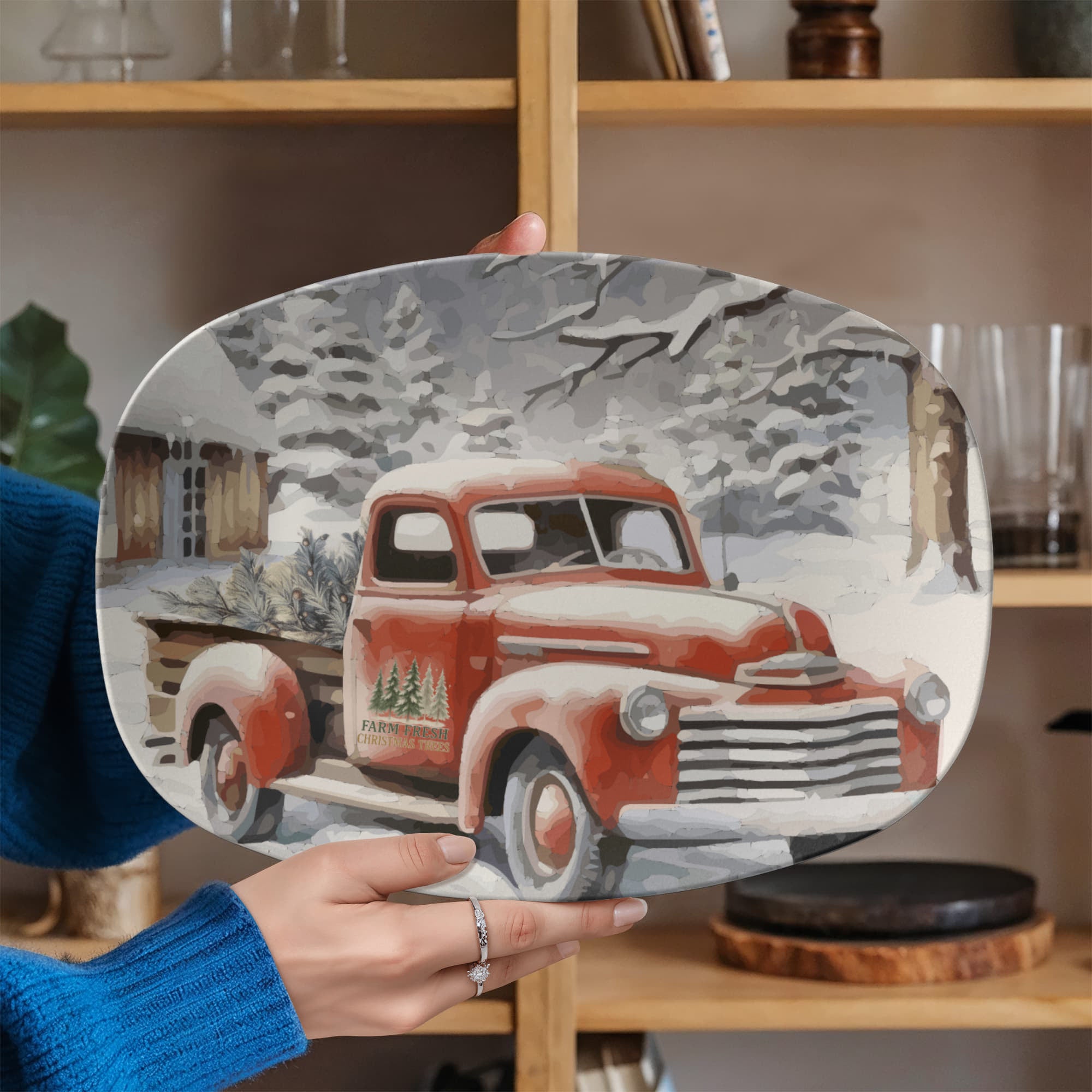 Farm Fresh Christmas Tree Vintage Truck Oval Serving Platter