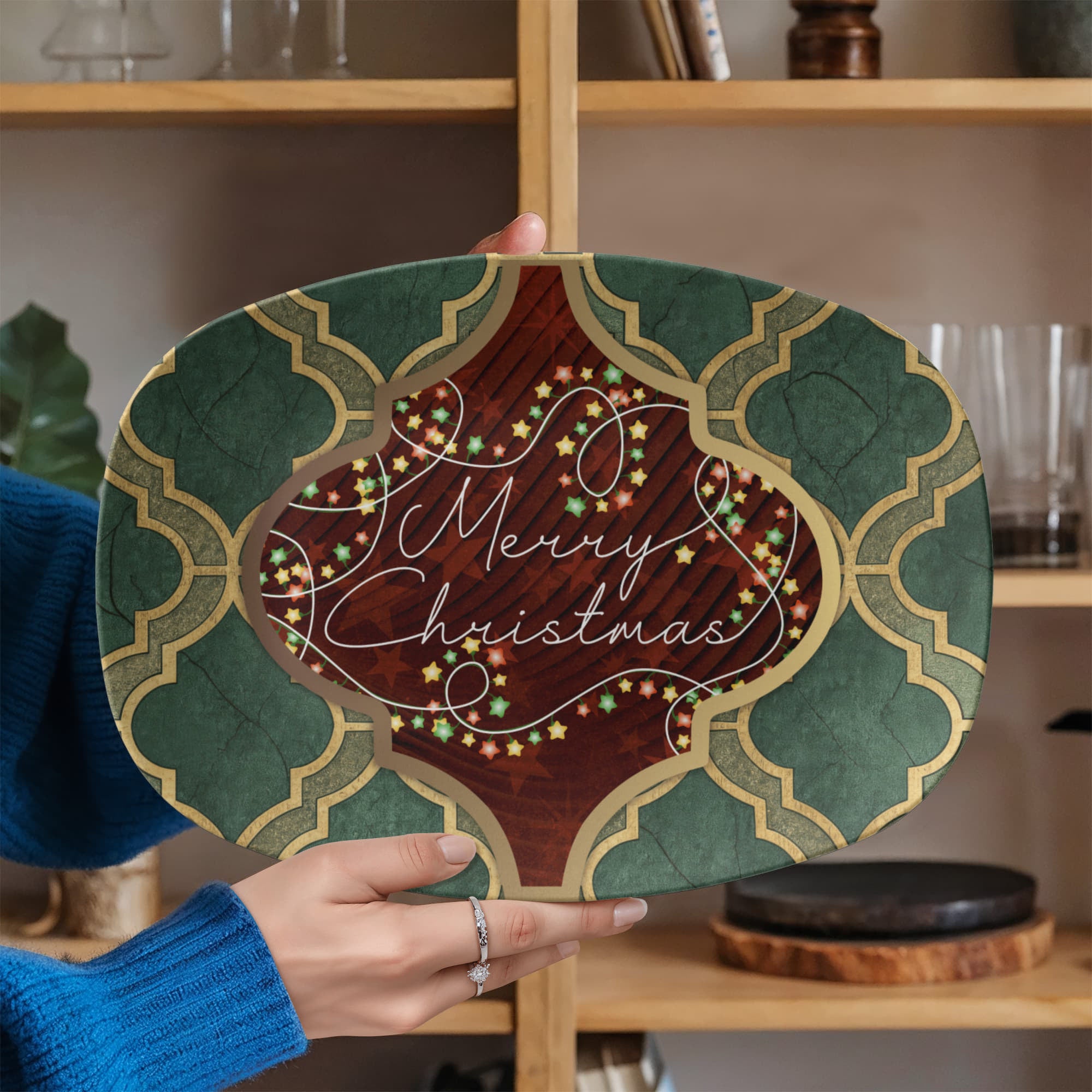 Merry Christmas Arabasque Tile Oval Serving Platter