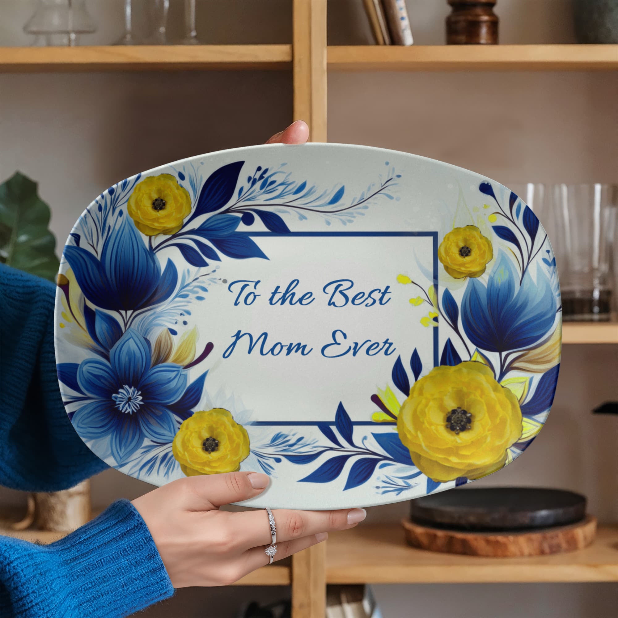 Blue & Yellow Floral Design To the Best Mom Ever 10”x14” Oval Serving Platter
