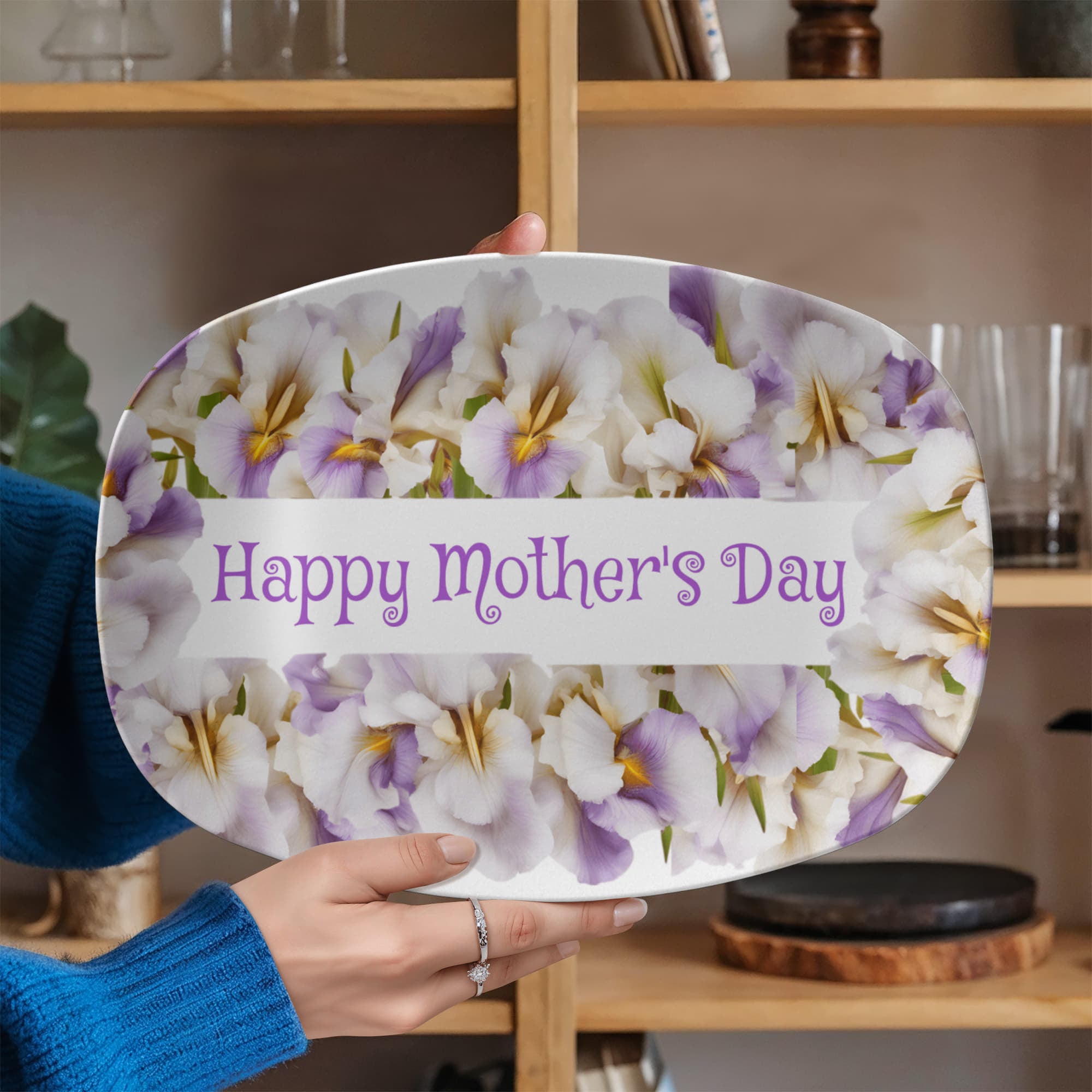 Happy Mother's Day Purple Flowers 10”x14” Oval Serving Platter