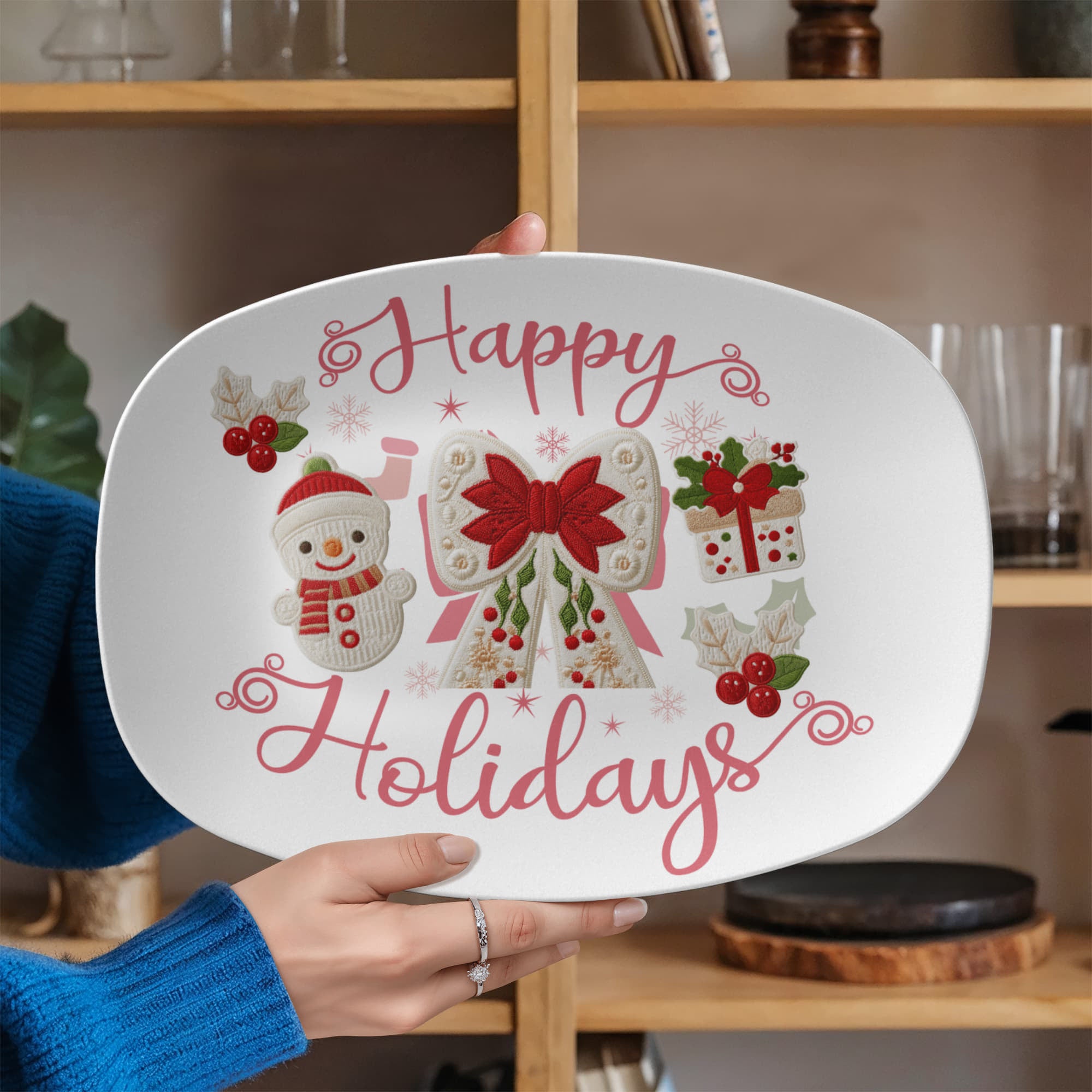 Happy Holidays Faux Yarn Oval Serving Platter