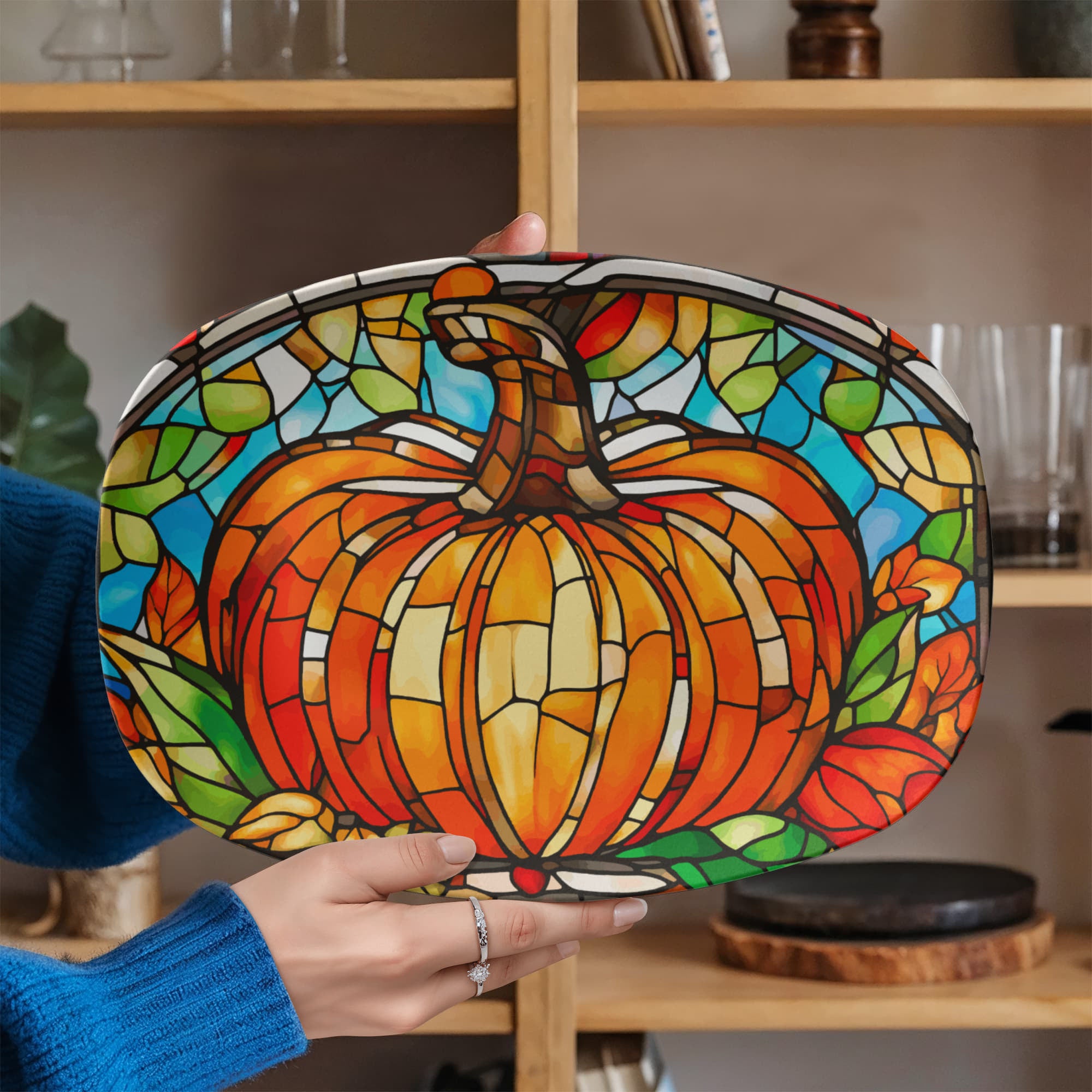 Stained Glass Orange Pumpkin Serving Platter Dish