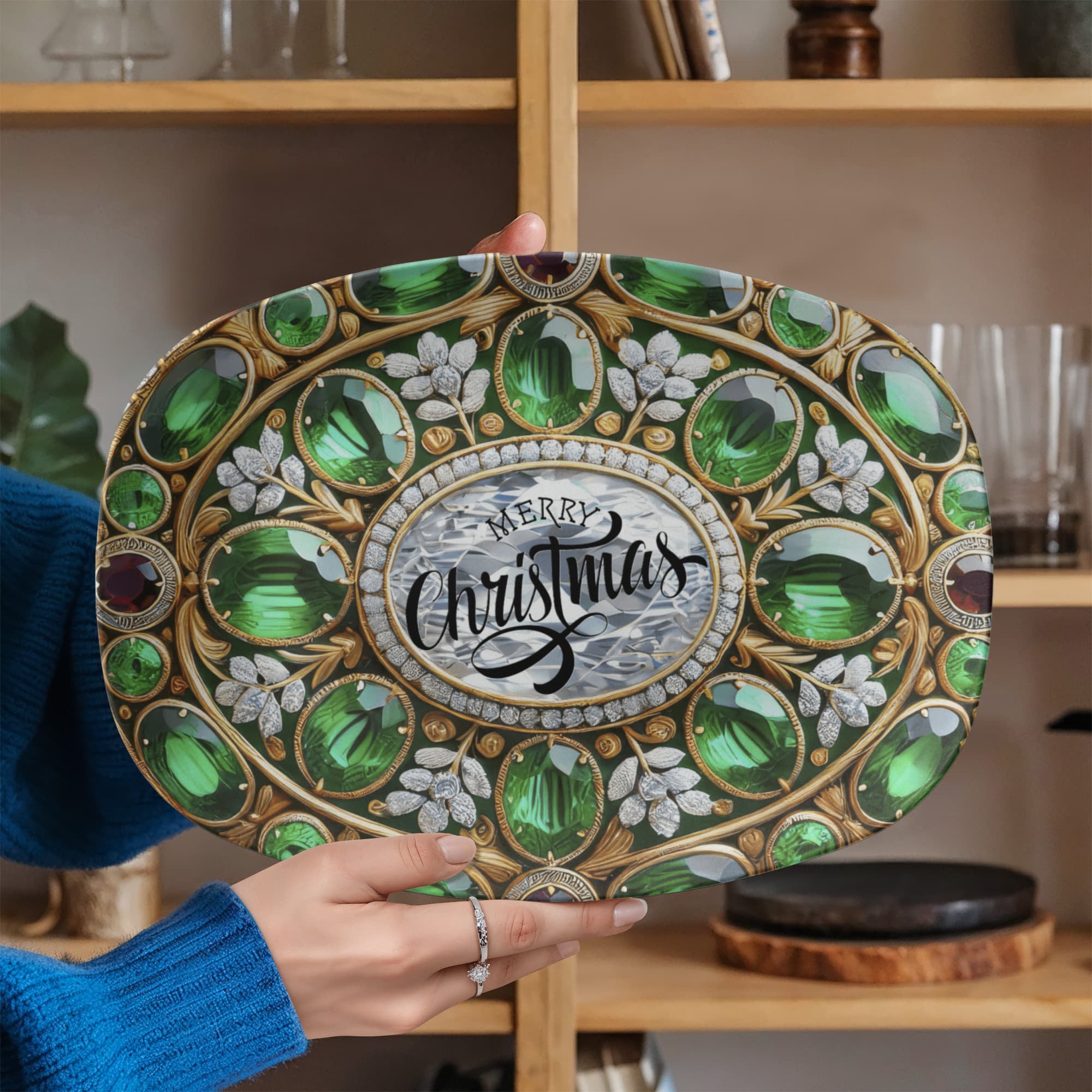 Ornate Silver Frame with Green Gemstones Oval Serving Platter
