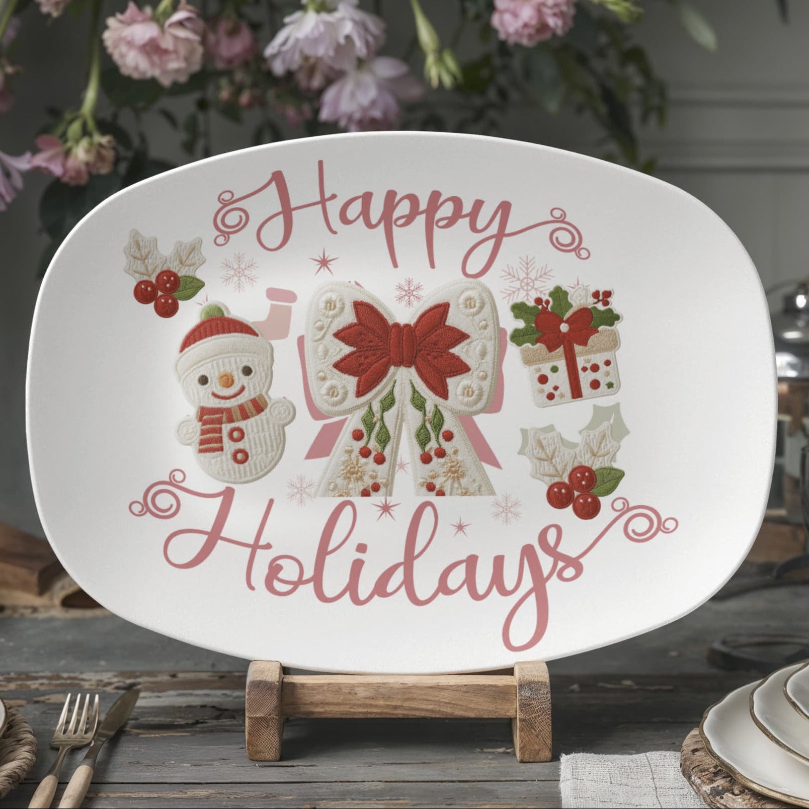 Happy Holidays Faux Yarn Oval Serving Platter